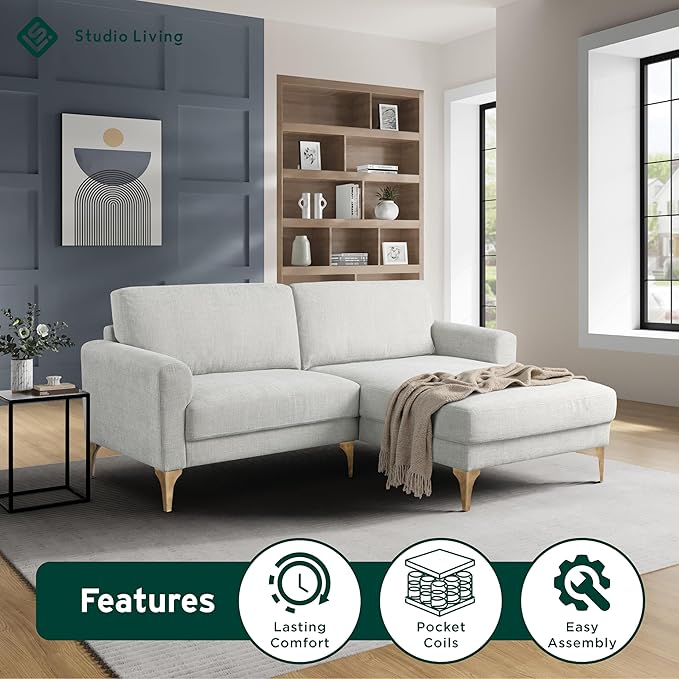 Studio Living® Matthew 83.5 Sofa Chaise Mid-Century Modern Pocket Coil Comfort Reversable Chaise Metal Brushed Bronze Legs Chenille Fabric Ivory