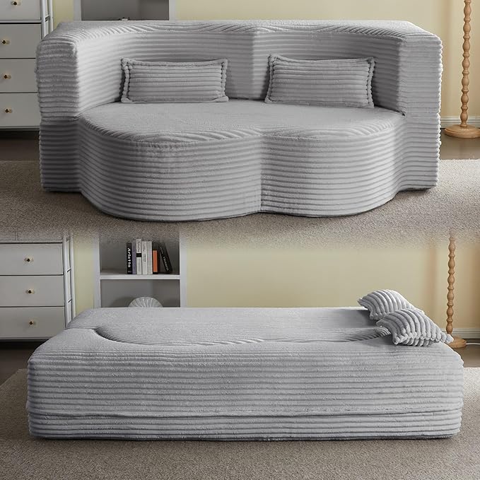 78” Corduroy Floor Sleeper Sofa Bed Modern 2 in 1 Full Size Foldable Mattress with 2 Pillows Convertible Boneless Couch with Deep Seat for Living Room No Assembly Required (Light Gray) | No Assembl