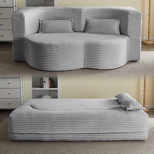 78” Corduroy Floor Sleeper Sofa Bed Modern 2 in 1 Full Size Foldable Mattress with 2 Pillows Convertible Boneless Couch with Deep Seat for Living Room No Assembly Required (Light Gray) | No Assembl
