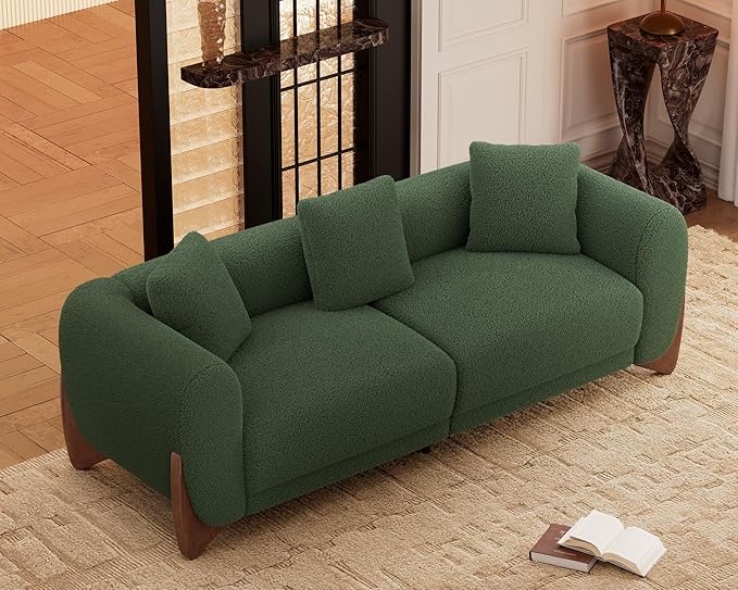 Morden Fort Modern Cloud Couch - 3 Seater Sherpa Boucle Sofa with Wood Legs Ultra-Thick High Resilience Cushion with 3 Matching Pillows Upholstered Comfy Couch Sofa for Living Room - Forest Green