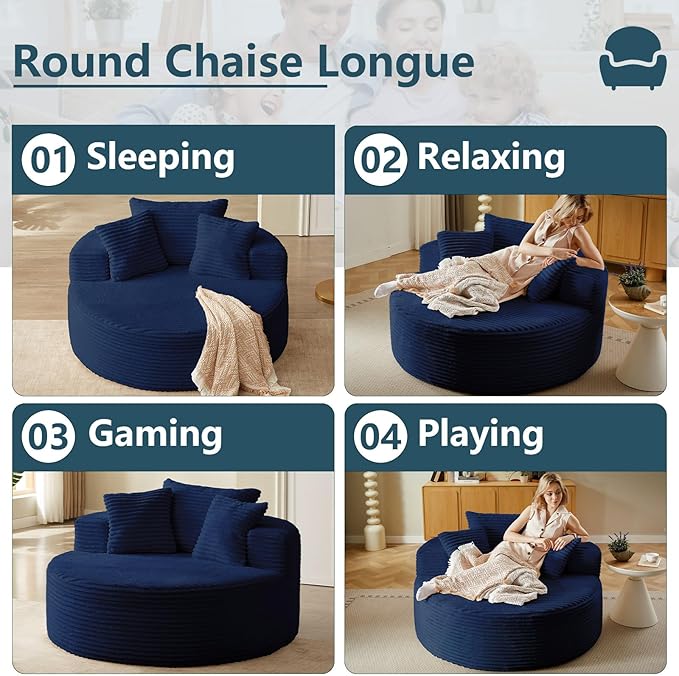 55''L Oversized Round Chaise Longue Chair Indoor Corduroy Sponge Single Sofa Oversized Round Chairs Modern Sleeper Chair for Living RoomProjection Room Wide Armrest Chairs Blue