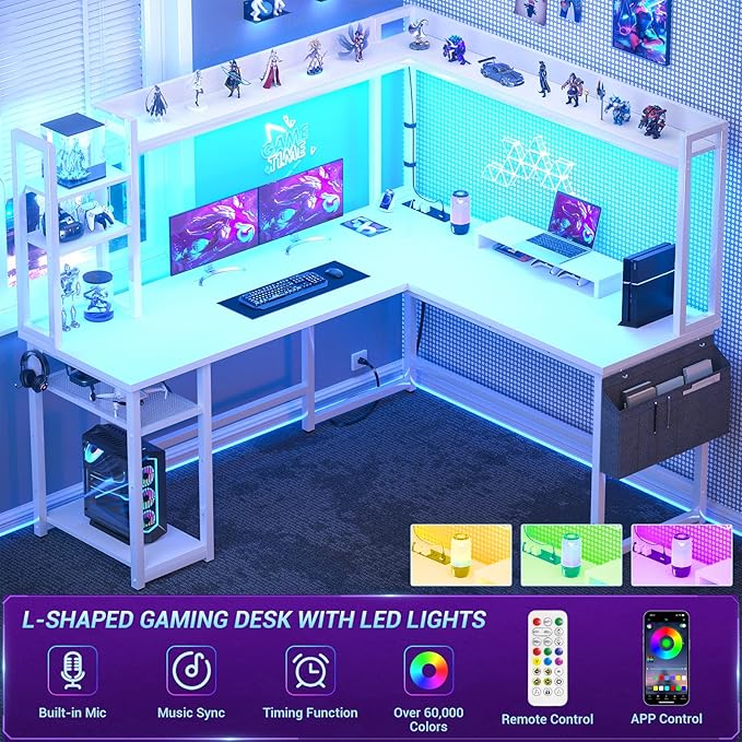 Aheaplus L Shaped Desk with Power Outlet L Shaped Gaming Desk with Led Light &amp Hutch Reversible Home Office Desk Corner Computer Desk Writing Desk with Monitor Stand &amp Storage Shelves Whit