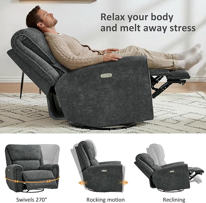 MCombo Power Swivel Rocker Recliner Chair Oversized Power Recliner Chair for Big and Tall People 400lbs Heavy Duty Recliners USB Charge Ports for Living Room Office Fabric OE678 (Dark Grey)