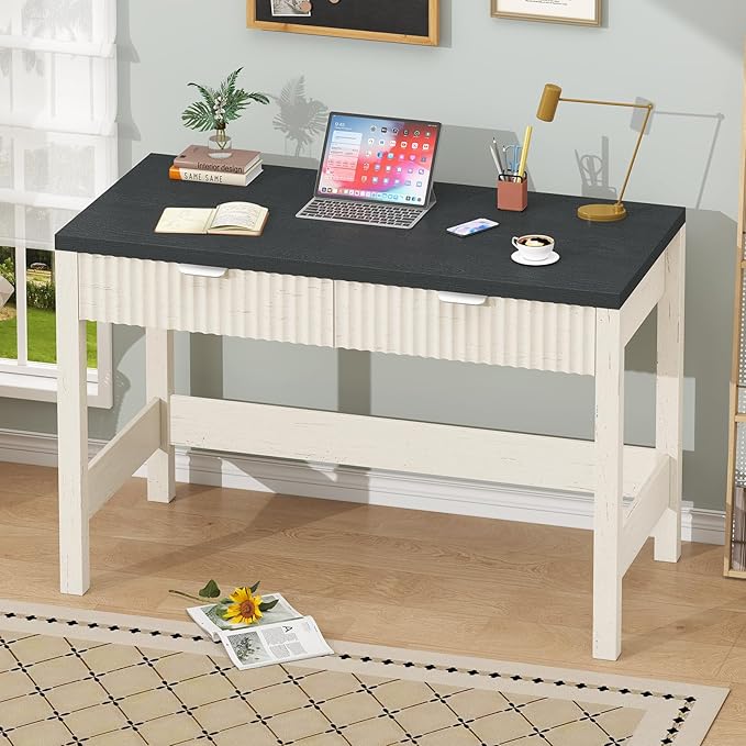 Fluted Computer Desk with 2 Drawers 39 Inch Small Computer Desk with Storage Compact Writing Study Desk for Small Spaces Black and White