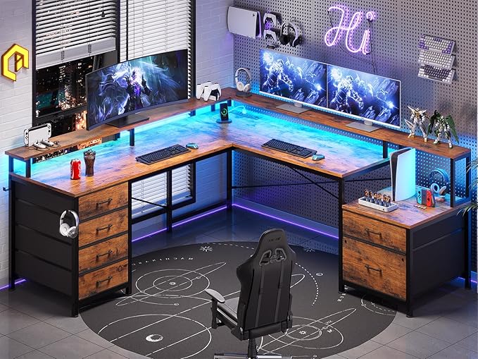 SEDETA L Shaped Desk with 6 Drawer 108 Home Office Desk with File Drawer &amp Power Outlet Corner Computer Desk with Monitor Shelf Two Person Desk Gaming Desk with Led Lights Rustic Brown