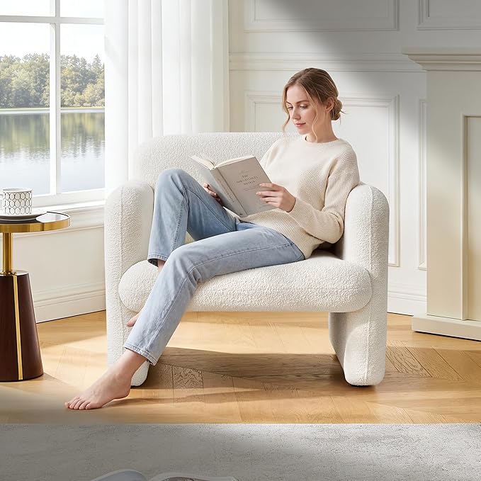 33.86 Accent Chairs Modern Sherpa Fabric Armed Chair Comfy Upholstered Armchair Leisure Single Sofa Chair with a Waist Pillow for Bedroom Office and Living Room