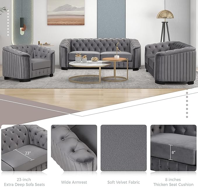 64.3 Velvet Upholstered Loveseat SofaModern Loveseat Sofa with Thick Removable Seat Cushion for Living RoomBedroomor Small SpaceGrey