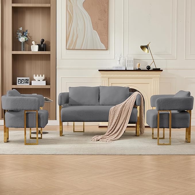 Loveseat Sofa and 2 Modern Accent Chairs no Wheels Living Room Side Chairs with Golden Metal Legs Barrel Soft TeddyUpholstered Reading Armchairs for OfficeStudyReception RoomBedroomLoungeGrey