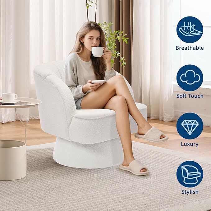 Garvee Ultra-Plush Swivel Accent Chair 360° Barrel Lounge Chair with Cloud-Like Padding &amp Modern Striped Backrest Teddy Fleece Upholstered Round Armchair for Living Bedroom Reading Nook - Beige