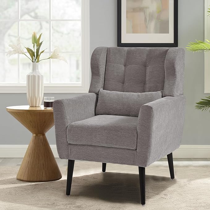 Modern Accent Chair Chenille Fabric Upholstered Tufted Side Chair Wingback ChairMid Century Reading Armchair with Waist Pillow Backrest for Living Room Bedroom (Grey)