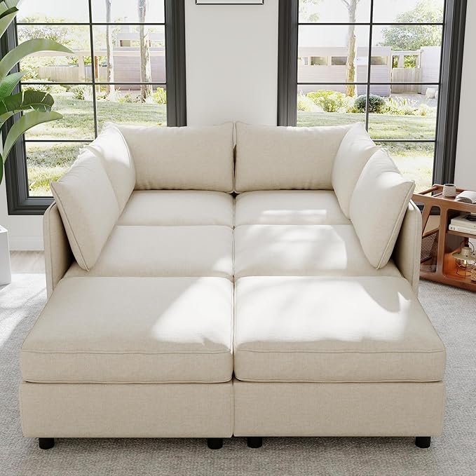 129” Modular Sectional Sofa Convertible 6 Person U Shaped Couch with Storage 2 Removable Ottomans &amp Deep Seats Memory Foam Comfy Modular Couch for Living Room (Beige 6 Seat)
