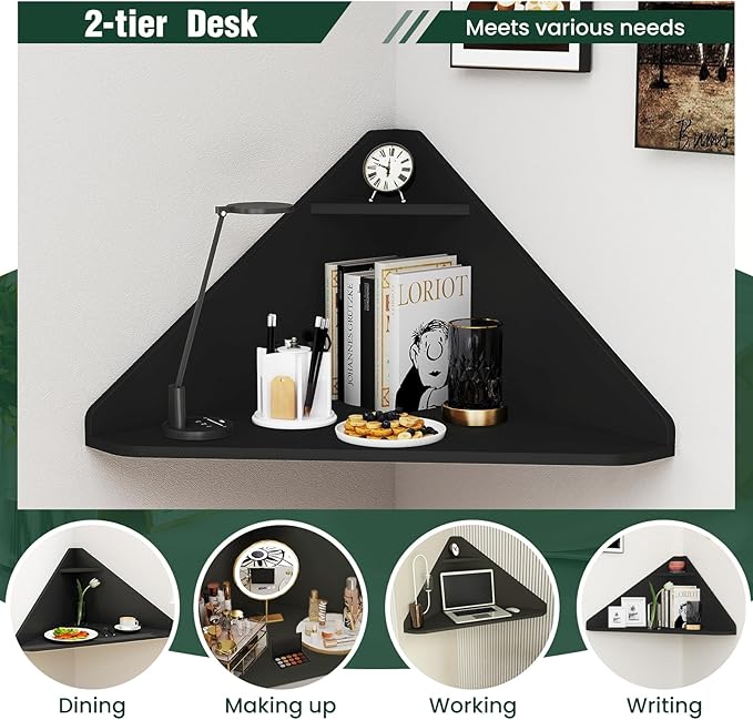 GOFLAME Floating Corner Desk Wall Mounted Triangular Computer Desk w/Storage Shelf Space-Saving Design 90° Wooden Floating Home Office Desk for Writing Working Studying (Black)