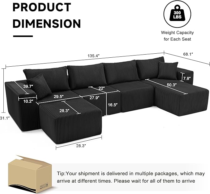 135.4 Cloud Couch Sectional Modular Sectional Sofa with Deep Seat Plush Corduroy U Shaped Boneless Couch Convertible Sectional Couches for Living Room 6Seat Black
