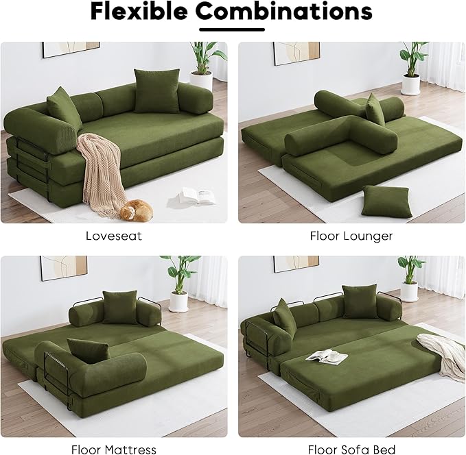 Convertible Sleeper Sofa Bed with Cylindrical Pillow Corduroy Folding Mattress Couch with Fixed-Shape Frame Floor Sofa Lounge Couch for Living Room Bedroom Lounge Studio-Green