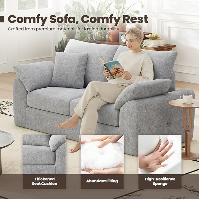 76 Boneless Loveseat Sofa Cloud Foam Couch 3 Seater Upholstered Midcentury Mondern Love Seat Wide Armrest and 4 Pillows for Home Living Room/Small Spaces No Assembly Required Grey