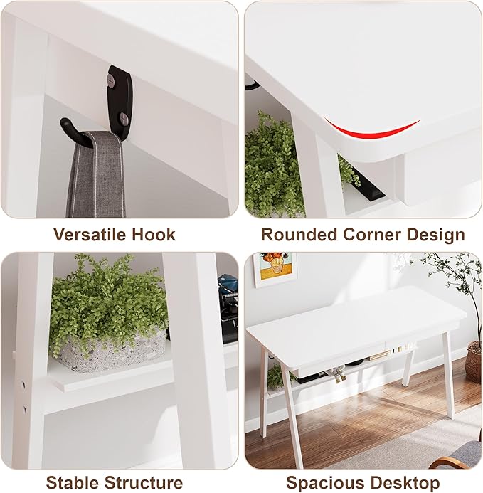 Solid Wood Desk with Drawers - 47.2 Inch Writing Desk with Drawers &amp Storage Shelf Simple Modern Study Table Home Office Computer Desks for Bedroom &amp Home White Desks
