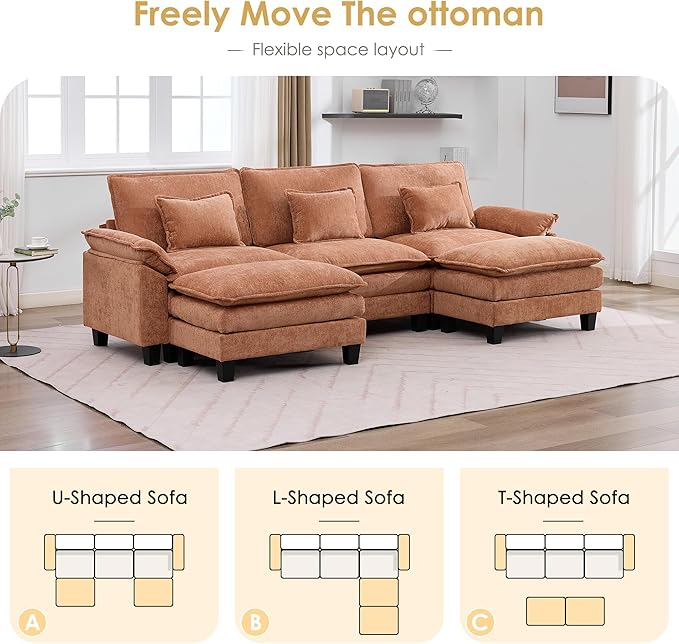 URRED Cloud Couch Modular Sectional Sofa 122 Modern U Shaped Deep Seat Sofa with 2 Ottomans &amp Pillows Ultra Comfy Chenille Couches for Living Room Bedroom or Apartment Orange