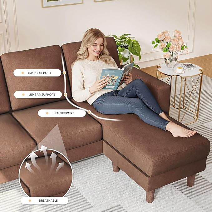 Homall Convertible Sectional Sofa 3 Seat L Shaped Couch with Side Storage Pocket Sofas with Movable Ottoman Small Linen Couches for Living Room &amp Apartment (Linen Fabric Brown)