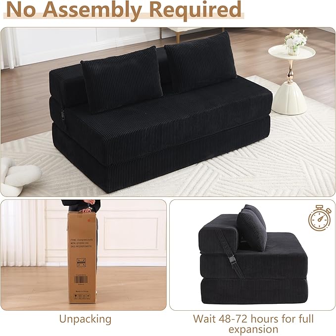 KIVENJAJA Folding Sofa Bed Full Size 3-in-1 Convertible Sleeper Sofa Corduroy Foldable Boneless Floor Futon Couch with Backrest &amp Pillows for Home Living Room Office Apartment Small Spaces Blac