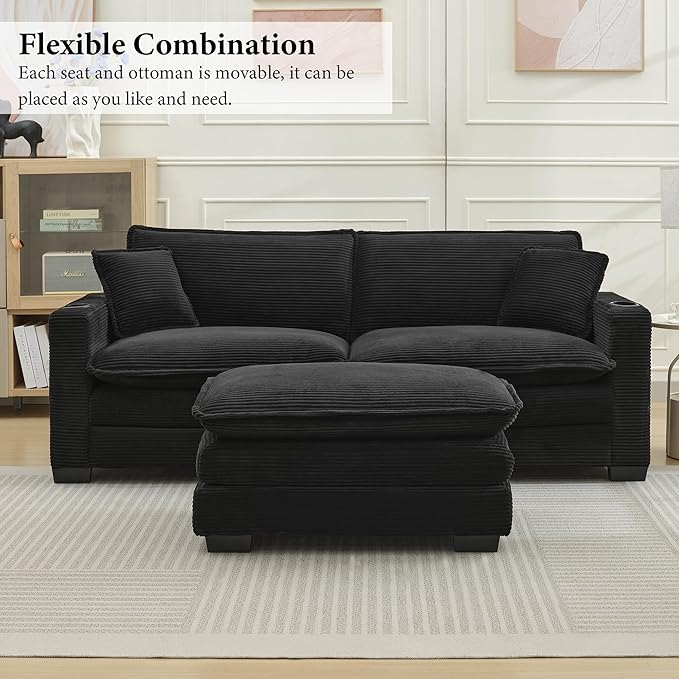 82.7 L Shaped Sectional Sofa with Cup Holders &amp USB Ports Modern Loveseat Cloud Couch with Ottoman for Living Room Apartment Small Spaces Black Corduroy