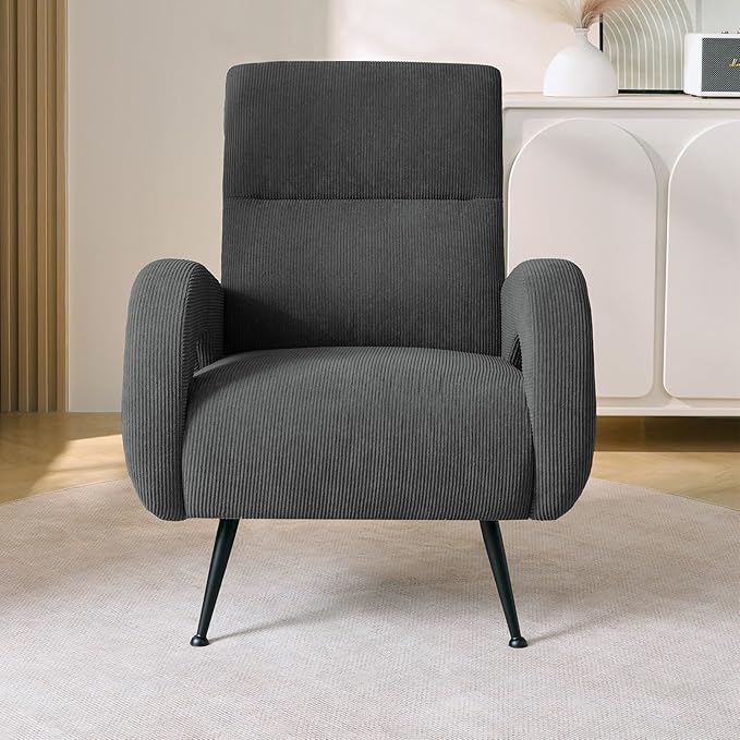 Corduroy Accent Chairs for Living Room High Back Reading Chairs for Bedroom Mid-Century Modern Comfy Upholstered Armchar for Bedroom Reading Nook Apartment Dark Grey