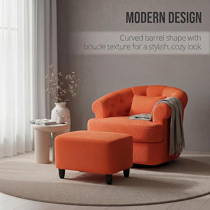 Barrel Swivel Accent Chair - Modern Comfy Boucle Armchair with Ottoman Round Upholstered Sofa Lounge Chairs Set for Living Room Bedroom Reading Corner Small Spaces (Orange)