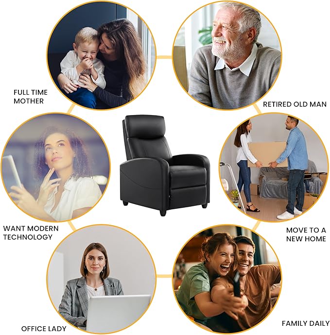 HealSmart Push-Back Massage Reclining Chair Adjustable PU Leather Lounge Seat Comfortable Single Seater for Living Room Bedroom &amp Home Theater Black