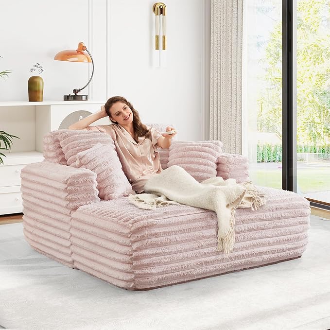 56 Oversized Chaise Lounge Chair IndoorPlush Faux Fur Sleeper Sofa Couch Bed with Pillows&ampWide ArmrestsFluffy Comfy Cloud CouchCompression Foam Couch for Living RoomBedroom(Pink)
