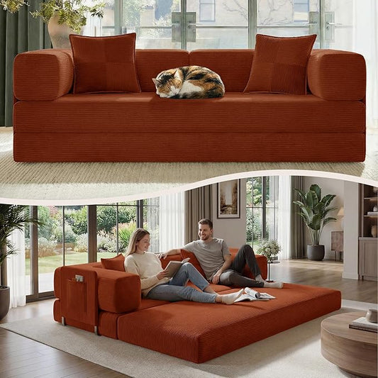 Belhome 78.8 Convertible Sofa Bed Futon Sofa Bed with Side Pocket Corduroy Pull Out Futon Sofa Boneless Couch for Living RoomsNo Assembly Required Orange
