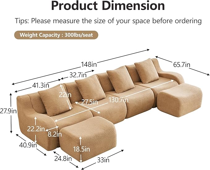 Modular Sectional Sofa for Living Room 148 U-Shaped Cloud Couch with 2 Ottoman4-Seat Teddy Fabric Boneless Sofa Deep Seat Curved ArmrestStreamlined Ergonomic Design No Assembly