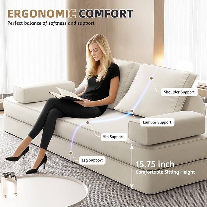 86.6 Convertible Sofa Bed with Chaise Lounge - Fluffy Chenille Fabric 2 Tumbler Backrests &amp Pillows Multi-Functional DIY Modern Upholstered Deep Seat Couch for Living Room &amp Office (Beige)