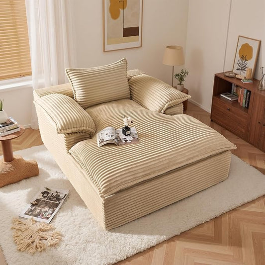 Chaise Lounge Chair Indoor Oversized Sleeping Couch 67L *53W Assembly Free Modern Minimalist Sofa With Comfy Curved Armrest Extra Deep Large Single Sofa for Living Room(Beige Plush Fabric)