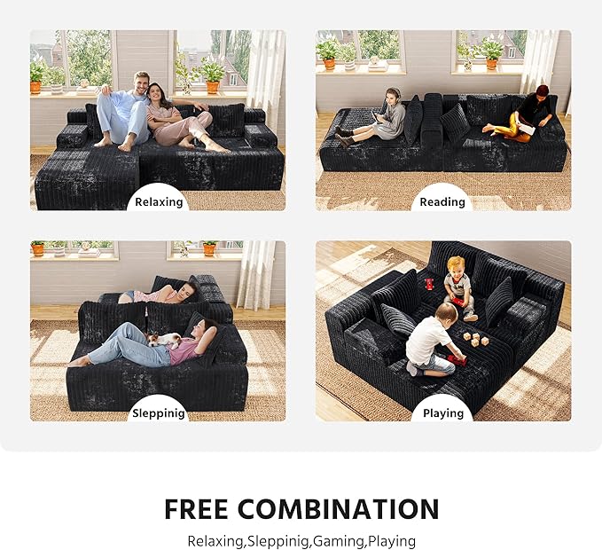 LAUSAINT HOME 96 Modular Sectional Sofa Couches L-Shaped Boneless Cloud Sofa with 3 Deep Seat 5 Cushiones Oversized Chaise for Living Room Bedroom Plush Corduroy Fabric (Left Black)