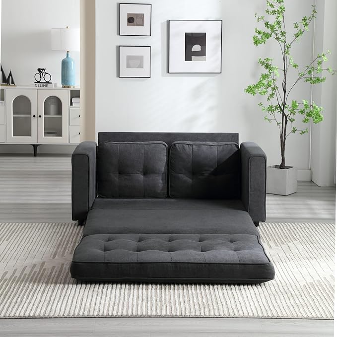 Futon Sofa Bed Convertible Folding Futon Couch Breathable Small CouchAdjustable Pull Out Chaise Lounge for Compact Living Studio in Living Room and Bedroom Offices Dorm Loveseat (Dark Gray)