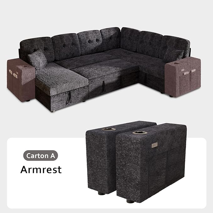 Armrest for Modular Sectional Sleeper Sofa Bed with Charging Station and Cup Holders Premium Textured Chenille Easy to Assemble Dark Blue