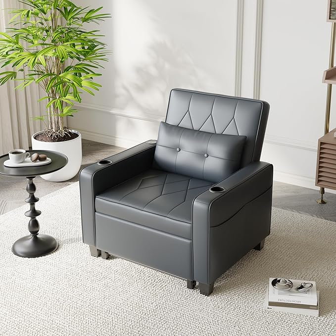 AILEEKISS 3 in 1 Convertible Sleeper Chair Bed Pull Out Sofa Chair Bed with Cup HoldersUSB &amp Type C PortsSide Pockets Linen Fabric Sleeper Single Sofa Couch for LivingroomApartmentOffice (Blac
