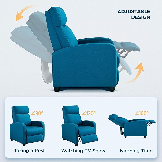 Yaheetech Home Theater Seating Fabric Recliner Chair Modern Single Living Room Reclining Sofa with Pocket Spring Blue