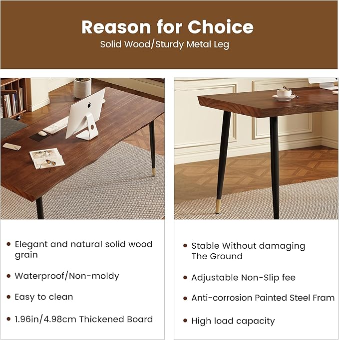 Solid Wood Desk 55 inches Home Office Computer Desk Wooden Rustic Writing Desk Metal Modern Simple Design Executive Real Wood Desk(Walnut)