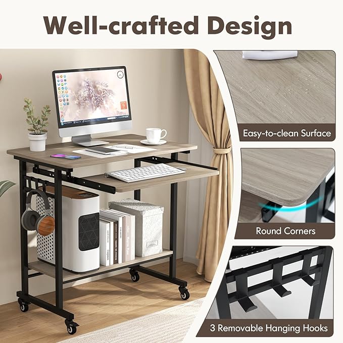 Tangkula Rolling Computer Desk Cart with Keyboard Tray Mobile Portable Laptop PC Desk with CPU Stand &amp 3 Hooks for Sofa &amp Bed Compact Small Desk on Wheels for Small Spaces (Grey)