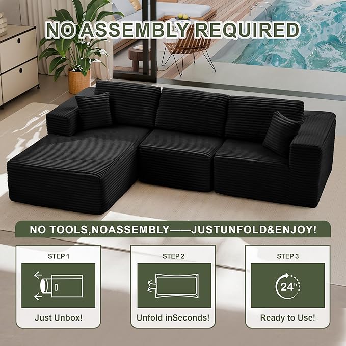 104 Modular Sectional Sofa with L-Shape Chaise Modern Upholstered Cloud Couches for Living Room Bedroom No Assembly Required Black