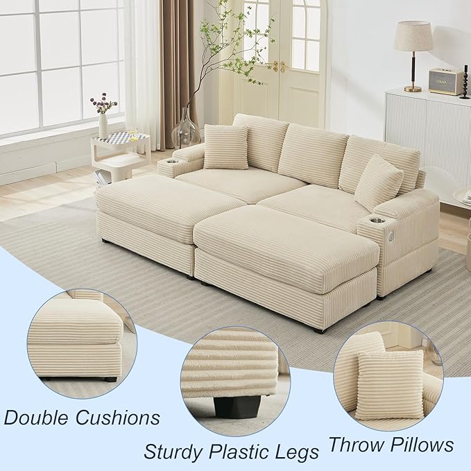 86.6 Sectional Sofa Couch with 2 Ottomans Comfy Corduroy Upholstered Cloud Modular Convertible Couch with Cup Holders and USB Armrest Storage Deep Seat Oversized Loveseat for Living Room Beige
