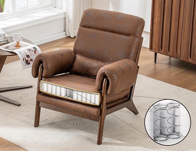 Mid Century Modern Accent ChairUpholstered Armchair with Solid Wood Frame &amp Soft Cushion for Living RoomReadingBedroomBelconySunroomBrown