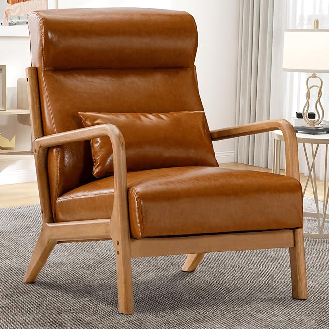 Accent Chair Mid Century Modern Chair PU Leather Fabric Living Room Chairs with Solid Wood Frame Comfy Upholstered and Lumbar Pillow Reading Side Chair Easy Assembly for Bedroom (1 Brown)