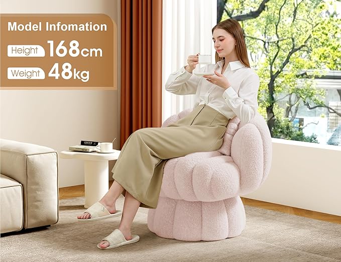 Mid Century Modern 360 Degree Barrel Swivel Accent Vanity ChairFluffy Sherpa Fabric Lounge Wide Upholstered Pumpkin Reading Chair Round Cloud Armchair for Living RoomBedroomVanity(Pink)