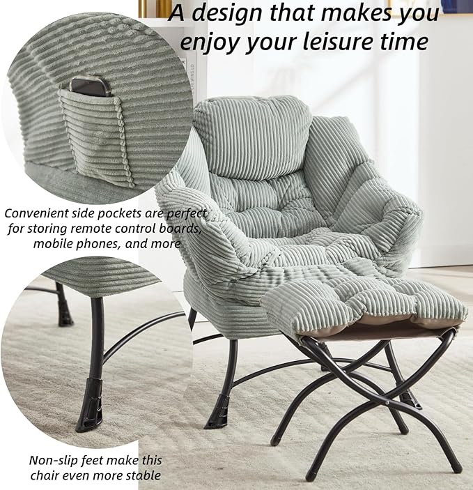 Ergonomic Modern Lazy Chair with Ottoman - Comfy Upholstered Lounge Reading Armchair with Footrest Space-Saving Accent Chair for Living Room Bedroom Office (Light Green)