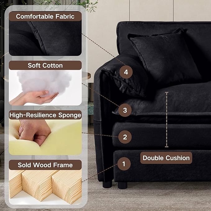 109 Modular Sectional Sofa with 2 Ottoman Chenille Cloud Couch for Living Room &amp Apartment Deep Seat Comfort Flexible U-Shape Combination Sofa for Home &amp OfficeBlack