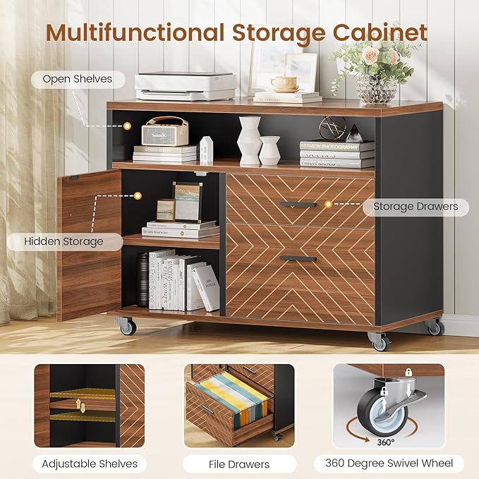 SEDETA 71 Executive Desk with Rolling File Cabinet Large Office Desk with Drawers L Shaped Computer Desk with Power Outlets CPU Stand Pegboard and Storage Shelves Brown