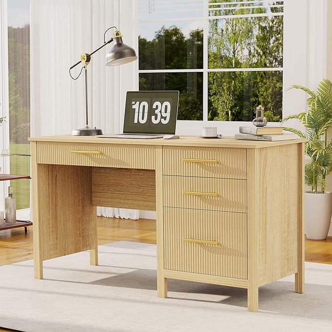 Modern Executive Desk with Drawers: 54 Oak Home Office Desks with File Drawers Wood Fluted Computer Writing Desk for Work Study and Living Room (54)