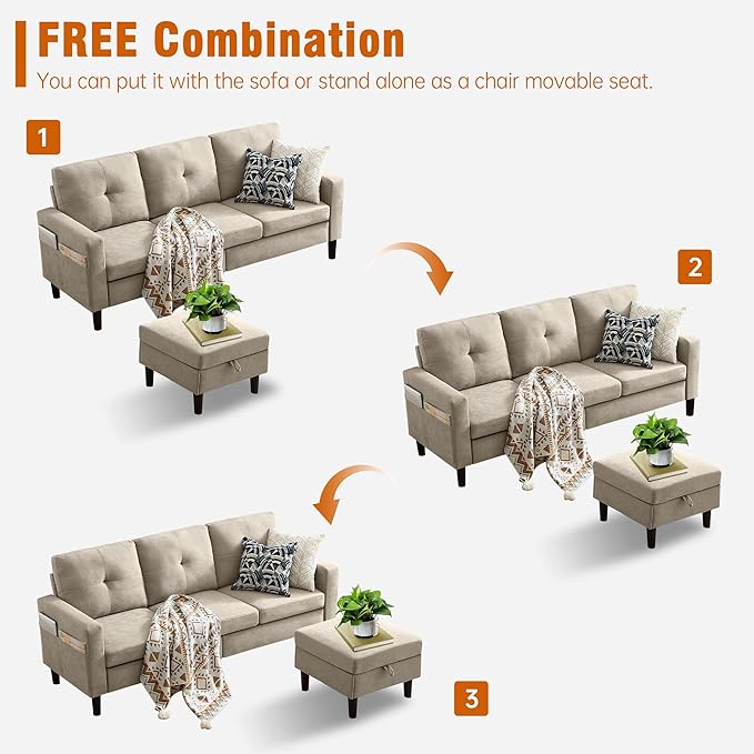 80 Convertible Sectional Sofa Couch with Movable Ottoman 3 Seats Sectional Sofas L Shaped Couch for Small Spaces Soft Fabric Couch for Living Room (Beige)