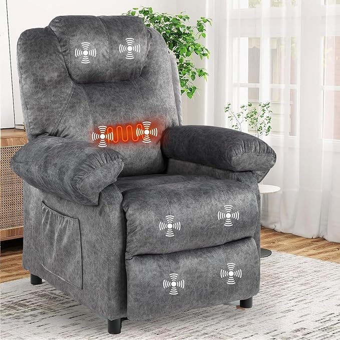 Pushback Massage Recliner Chairs with Heat for Adult Mid-Century Heated Fabric Reclining Chair Small Manual Recliner Chair for Small Places Grey